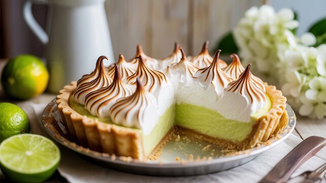 Key lime meringue pie with toasted peak and fresh lime on a wooden table