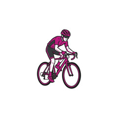 Naklejka premium Playful Cyclist Mascot In Pink And Black Racing Outfit With Helmet And Sunglasses Pedaling A Pink Road Bike In A Determined Athletic Pose, Vector Illustration