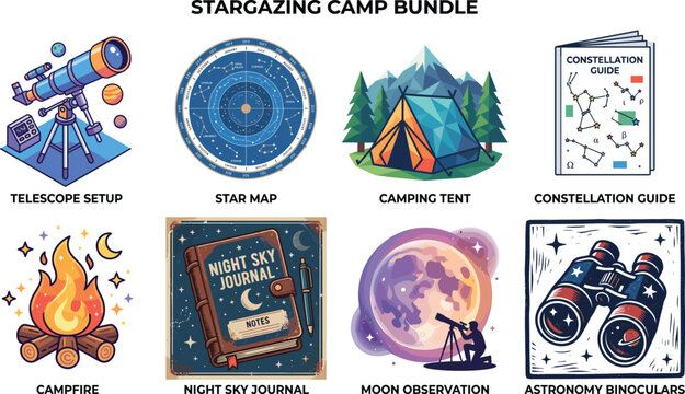 Stargazing Camp Vector Bundle Featuring Telescope Setup Star Maps Moon Observation Astronomy and Outdoor Camping