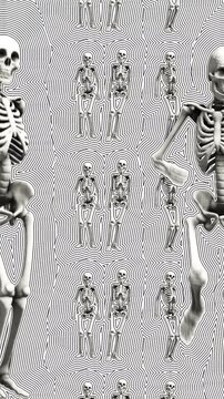 Seamless vertical video of skeletons dancing  with stroke effect. Funny halloween background.