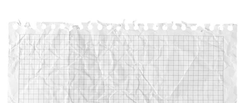 Crumpled white paper torn from a spiral notebook isolated on white background. Features a unique interrupted geometric line grid metaphor for data encryption, cyber security, software coding, program