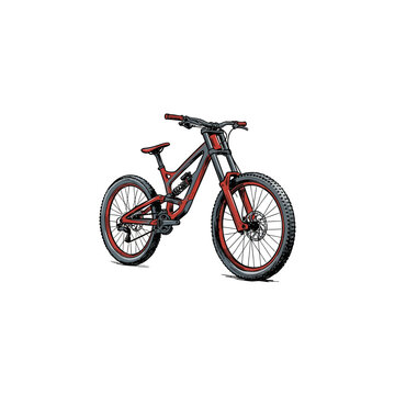 Red And Black Full‑Suspension Downhill Mountain Bike Featuring Knobby Tires, Front Fork Shock Absorber, Disc Brakes And Racing Handlebars Rendered As A Detailed Vector Illustration
