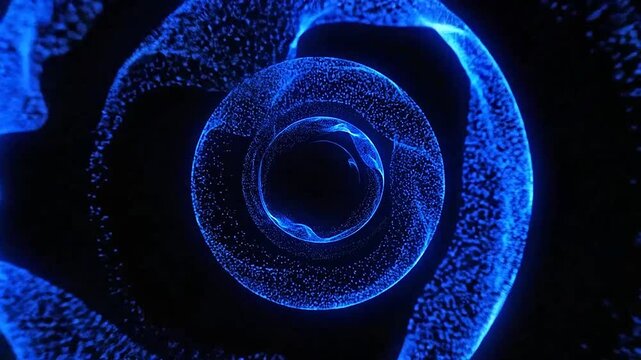 Abstract blue glowing particle rings swirling in dark space