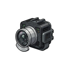 Fototapeta premium Compact Drone Action Camera Featuring Carbon‑Fiber Textured Housing, Large Round Lens, Top Mounting Bracket, Side Accessory Port And Protective Lens Hood Vector Illustration
