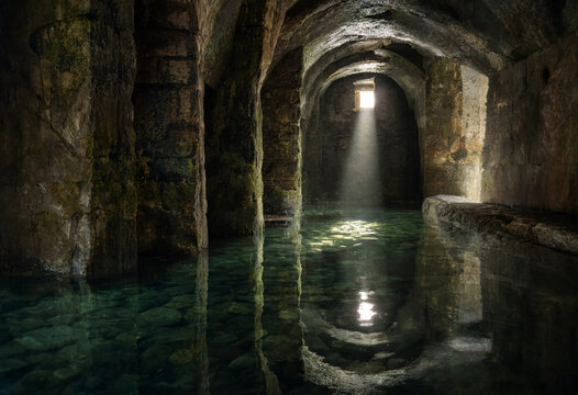 A beam of sunlight shines through a small opening into a dark, ancient stone cistern filled with clear water, creating a dramatic reflection