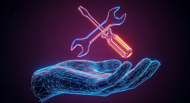 Abstract digital representation of maintenance service tools in glowing hand with screwdriver technology maintenance technical engineering hardware abstract solution assistance improvement