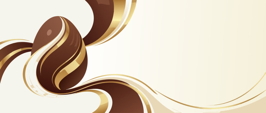 Panoramic vector banner illustration of a luxury chocolate egg decorated with elegant silk ribbons and flowing curves, perfect for Easter celebrations or premium confectionery branding needs.