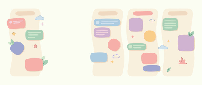 A professional panoramic vector banner illustration of a Kanban board with abstract columns and colorful sticky notes, perfect for project management, productivity, and agile workflow concepts.
