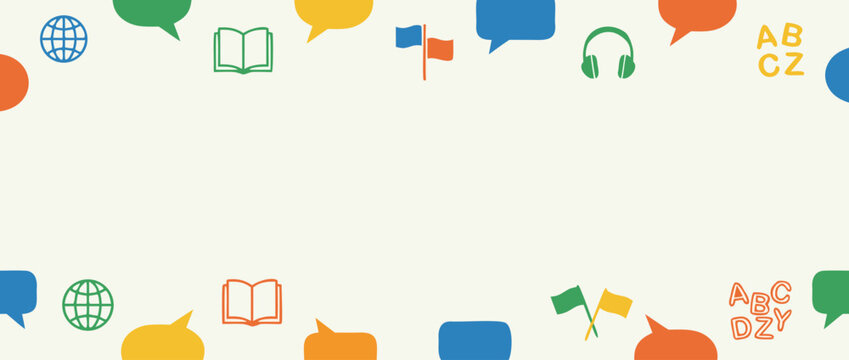 Panoramic vector banner illustration for language learning featuring speech bubbles and global icons on a clean background, ideal for education websites, linguistic apps, and cultural study.