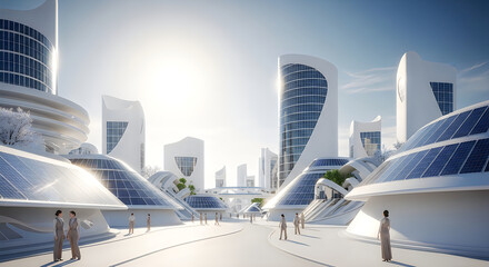 Modern futuristic buildings in urban plaza