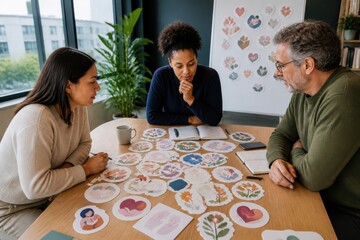 Fototapeta premium Counseling workshop with diverse adults discussing heart cards around a table with copy space
