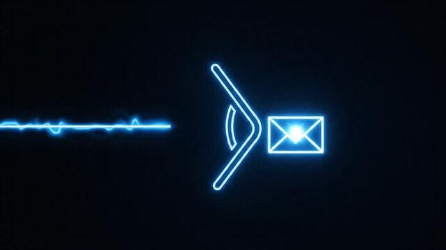 Blue neon email icon with digital signal wave on black background