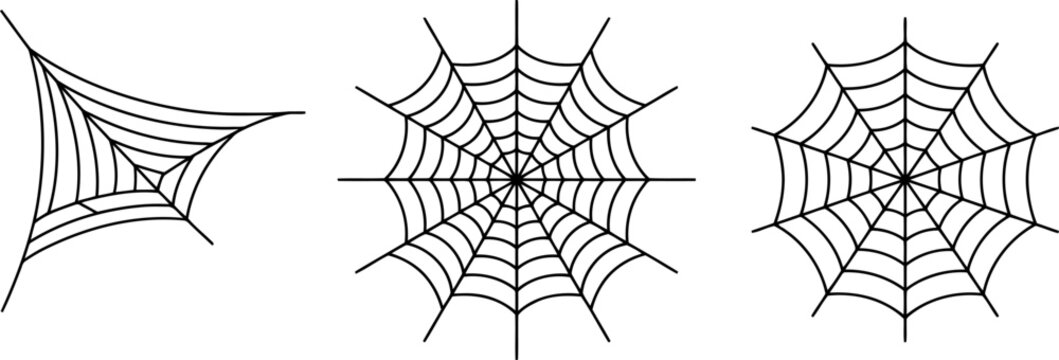 Three different styles of black spider web outlines on a white background for Halloween decoration 