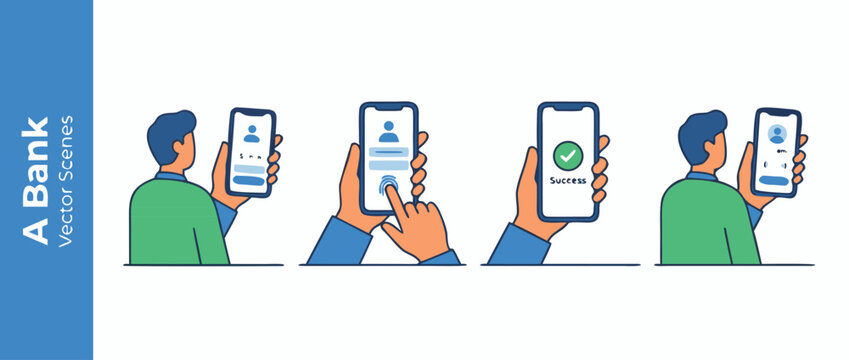 Set of four flat vector illustrations showing a bank customer using secure passkeys for mobile sign-in authentication, depicting biometric login and digital security for financial services.