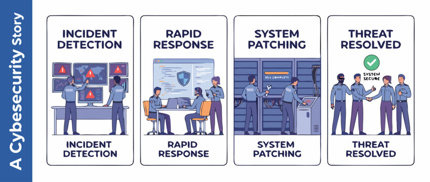 A set of four vector illustrations showing a professional cybersecurity team responding to a security incident and patching systems to protect enterprise data and network infrastructure from threats.