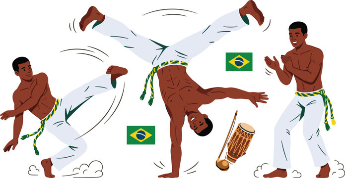 Brazilian Capoeira Martial Arts Vector Illustration Set Featuring Dancers Performing Acrobatic Kicks, Handstands, Clapping, Traditional Berimbau Instrument, and Brazil Flags
