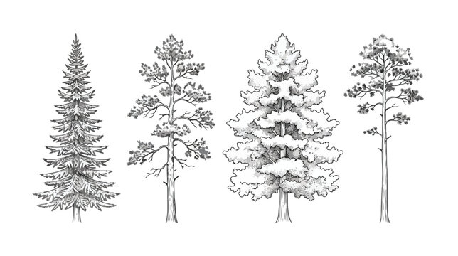 Vintage hand drawn pine trees set, 4 detailed conifer tree sketches in engraving style, black and white evergreen forest botanical vector illustrations