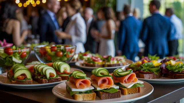 Assorted sushi rolls on decorative plates at party