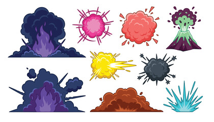 Comic book explosion blast bomb boom effect element vector cartoon set. Smoke cloud, volcanic eruption, fire flash, splash and pop art game assets. © Creative Studio 