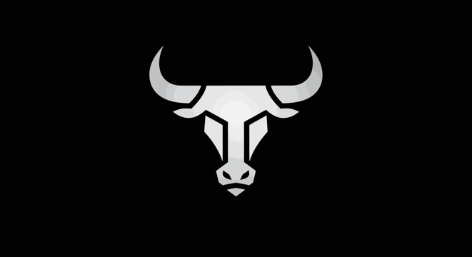 Minimalist silver bull head logo on black background