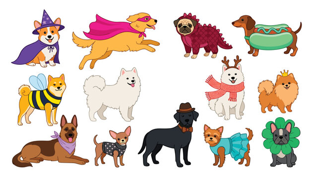 Cute dogs in Halloween party costume fashion vector character sticker set. Corgi witch, superhero retriever, dinosaur pug, hot dog dachshund and bumblebee shiba.