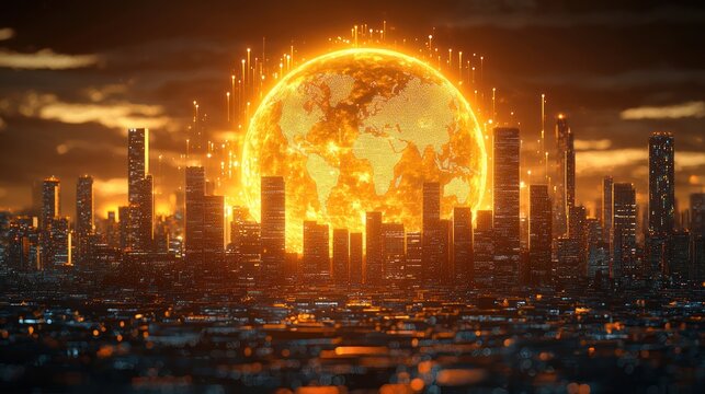 Cityscape beneath a glowing world-map sphere