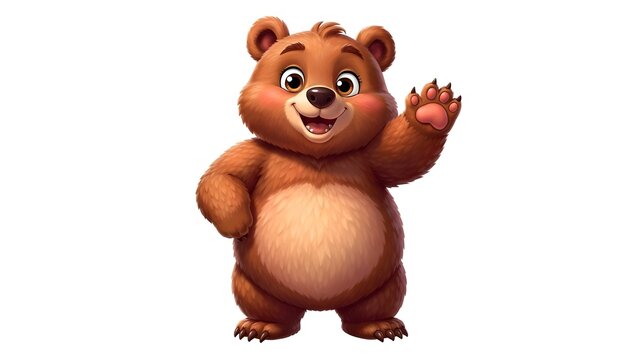 Friendly cartoon brown bear waving happily, isolated on white background, ideal for children's books, educational resources, and mascot designs.