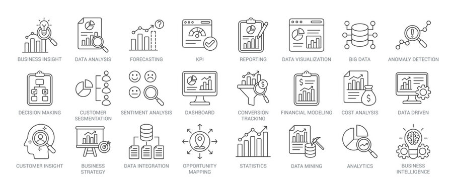 Business insight outline vector icon set featuring business insight, data analysis, KPI, forecasting, reporting, big data, analytics, dashboard, statistics, and data-driven concepts.