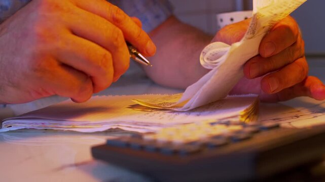 
Cinematic macro of leafing through a stack of bills in a dark room under warm lamp light. Visualizes tax preparation, financial auditing, searching for expenses and money problems.