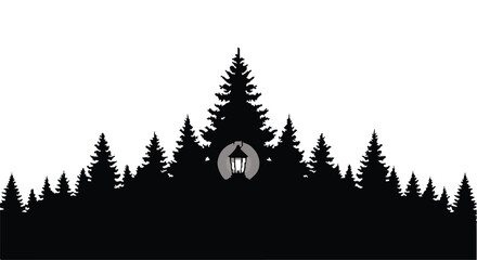 Obraz premium Forest silhouette features a glowing lantern nestled among dark evergreen pine trees.