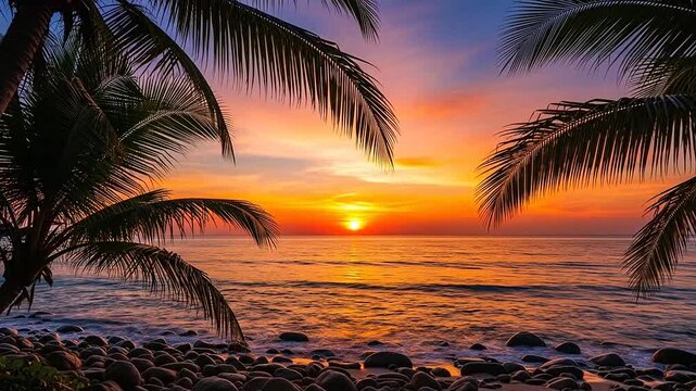 Tropical beach sunset with palm trees and rocky shore