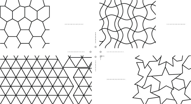 Geometric seamless pattern and abstract line grid set with triangle hexagon star vector illustration