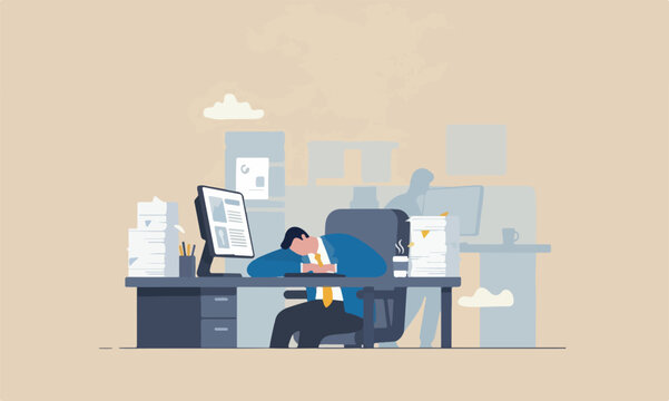 Quiet quitting work motivation, work boredom or morality, exhaustion or burn out from hard work without recognition concept, unhappy businessman sleeping while working at busy workplace