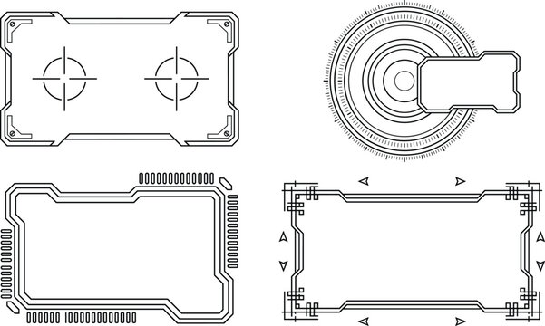 Futuristic hud interface frame element collection with sci-fi tech borders target crosshairs and generative AI UI