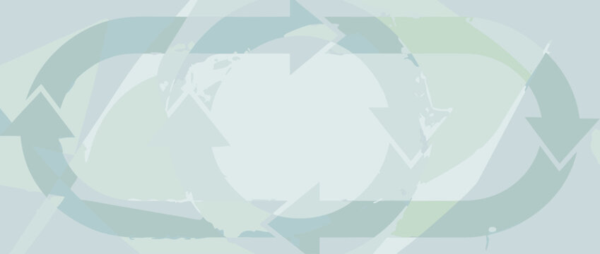 Panoramic vector banner illustration of a circular economy loop graphic shown as a subtle background watermark, representing sustainability, recycling, and eco-friendly business practices.