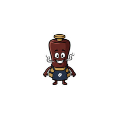 Obraz premium Cheerful Espresso Tamper Mascot With Smiling Face, Brown Body, Dark Apron And Coffee Bean Logo, Surrounded By Steam Swirls, Barista Character Vector Illustration