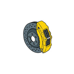 Naklejka premium Yellow Formula 1 Style Brake Caliper Assembly With Vented, Cross‑Drilled Dark Gray Perforated Rotor Disc, High‑Performance Racing Automotive Component Vector Illustration