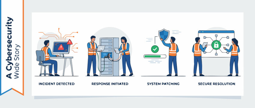 Dynamic set of four vector illustrations of a cybersecurity team responding to an incident and patching systems to protect data, featuring a modern flat design for IT and security industries.