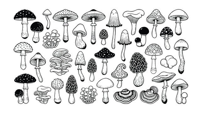 Vintage mushroom botanical illustrations, hand drawn fungi collection vector, black and white forest mushroom line art set for nature design