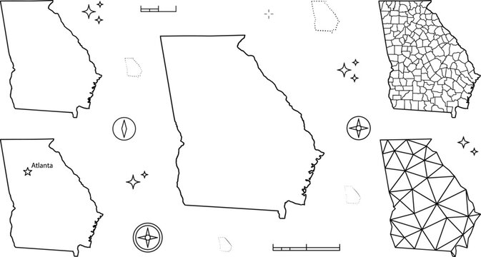 Georgia state map linear outline icon set with county borders atlanta capital star and low poly
