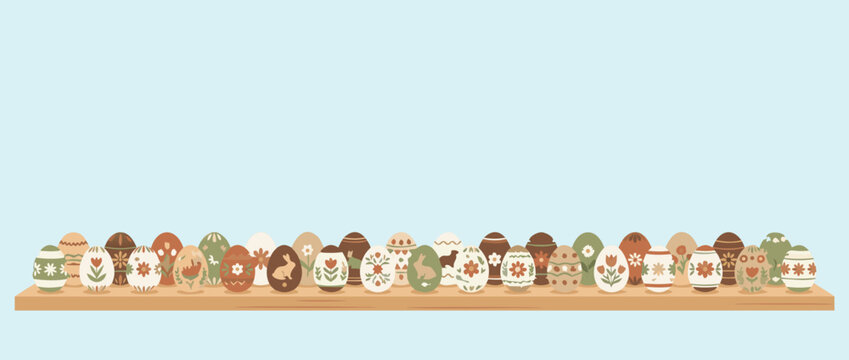 Panoramic vector banner illustration of a set of colorful decorated Easter eggs lined up on a clean shelf, festive holiday background with elegant patterns and minimalist spring aesthetic.