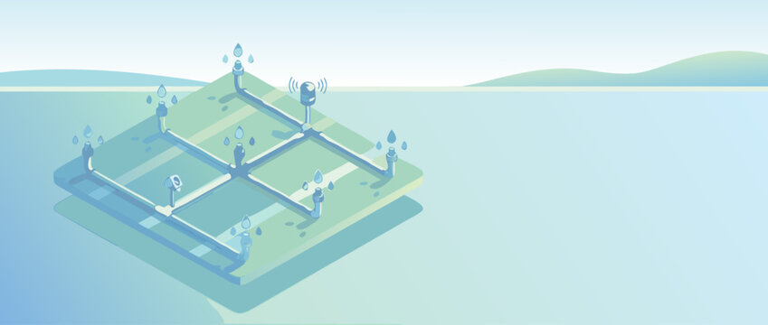 Panoramic vector banner illustration of a smart irrigation system featuring water droplets and sensor icons, highlighting sustainable agriculture technology and automated garden watering solutions.