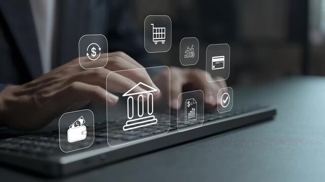 Digital banking concept. Person typing keyboard with online banking and financial service icons, secure transactions, account management and fintech innovation.