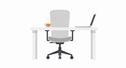 Fototapeta premium Modern Minimalist Office Workspace Illustration with Laptop, Ergonomic Chair and Coffee Cup on White Background - Flat Vector Style for Remote Work and Productivity Concepts