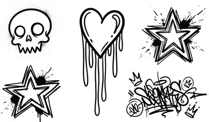 Graffiti street art tattoo element set with melting heart spray skull and generative AI grunge stars © MDBABULU