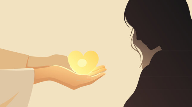 Generic hands offering a glowing heart to someone in shadows, flat vector illustration depicting kindness, compassion, support, and charity in a symbolic gesture of love and helping others.