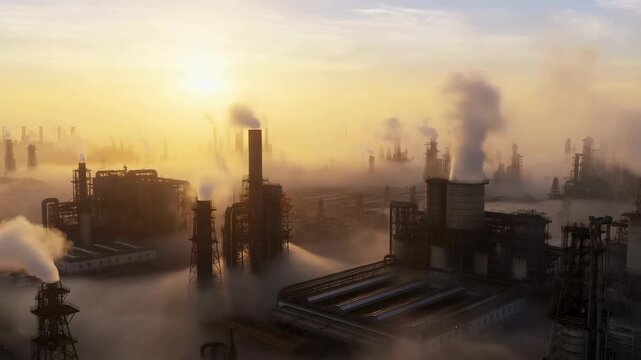 Aerial view of industrial complex with smoke rising at sunrise. Represents the energy sector and industrial development in a modern economy