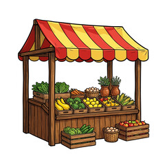 Obraz premium Charming Wooden Farmers Market Stall With Red And Yellow Striped Awning Showcasing Fresh Vegetables, Fruits, Corn, Tomatoes, Apples, Broccoli, Lemons, Squash, Eggs And Vector Illustration