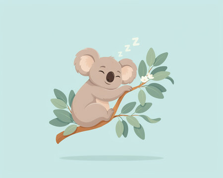 Cute koala sleeping on a leafy branch vector design