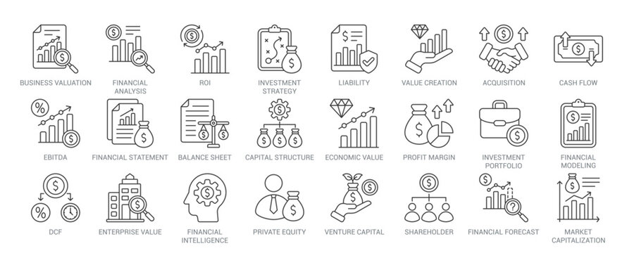 Business valuation outline vector icon set featuring business valuation, financial analysis, investment strategy, ROI, cash flow, EBITDA, venture capital, market capitalization concepts.